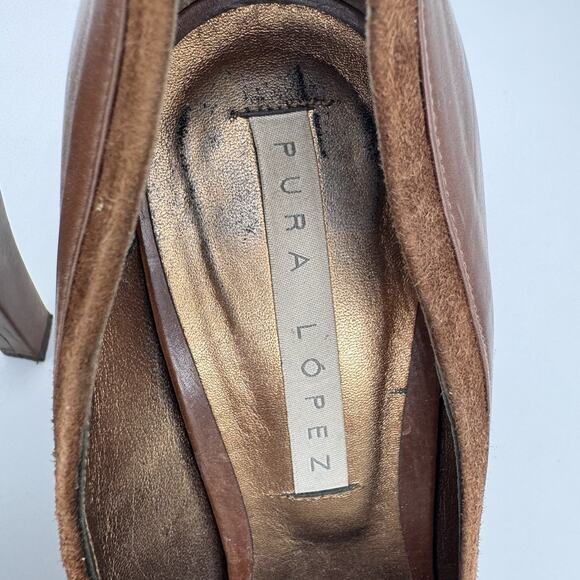 Pura Lopez Womens Leather Buckle Heel Shoes Size US 9 Brown Open Toe Y2K Office - Picture 6 of 11